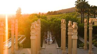 Aerial view of dinner event at winery during sunset